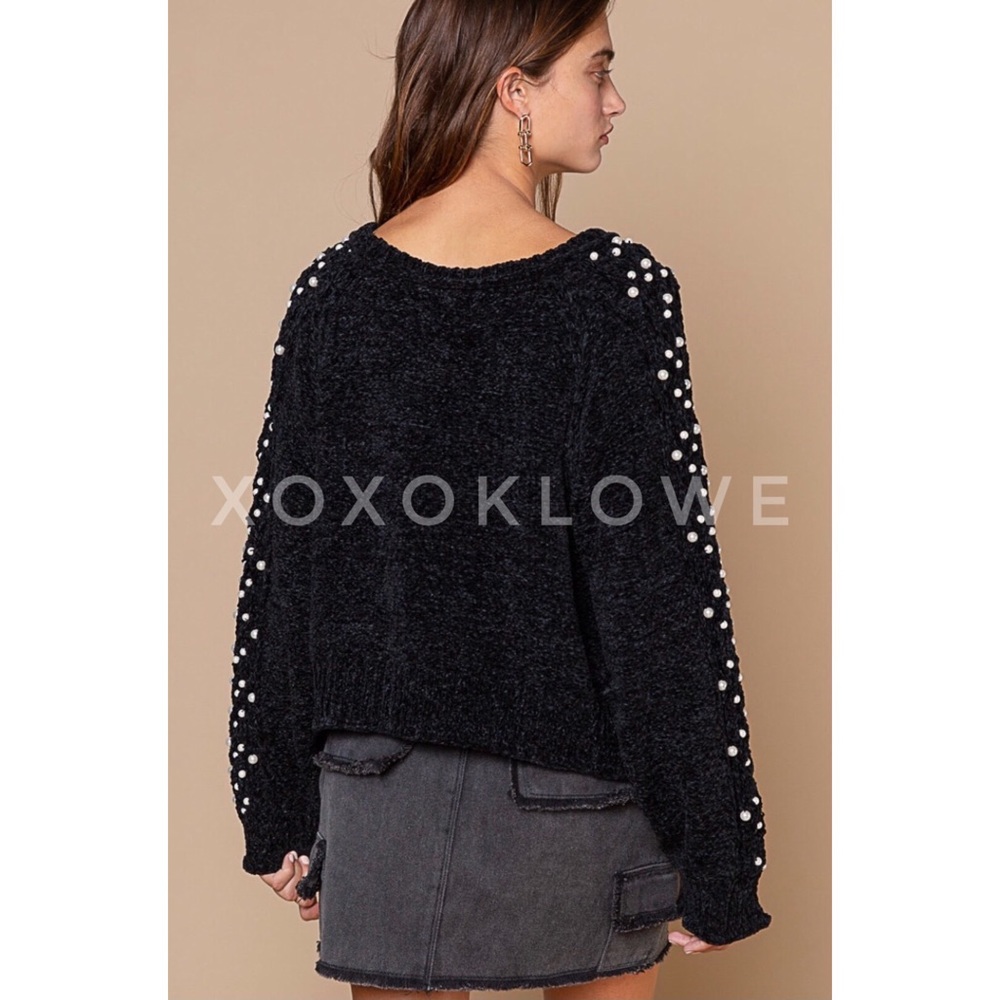 POL Pearl Beaded Black Velvet Chenille Sweater Relaxed Fit - Picture 7 of 13